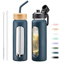 24oz Glass Water Bottle with Straw and 2 Lids, Dark Blue