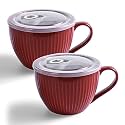 24oz Soup Mug with Handle &amp; Lid, Microwave Soup Bowl/Cup, Red, Set of 2