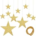 24pcs Gold Cardboard Stars Shining Cutouts Paper Stars Glitter Hanging Stars Decorations Confetti Cutouts Star Wall Decor 6/12/20/30cm & 50m Hanging Line for Valentine's Day Movie Night Party Decor