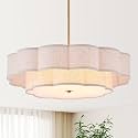 25.6" Large Drum Chandelier, 5-Light Gold Linen Light Fixture