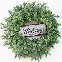 26" Artificial Boxwood Wreath with Welcome Sign for Front Door Decor(Green)