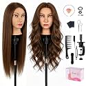 26''Real Hair Mannequin Head,TopDirect 80% Amber Brown Hairdresser Cosmetology Mannequin Doll Head Styling,Manikin Heads Hairs Braiding DIY Styling with Clamp Holder and Tools Set