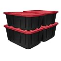 27 Gallon Large Storage Bin with Snap Lid, Black and Red, Heavy Duty Plastic, Stackable, 30.6x20.6x14.3 Inches, Set of 4 (27 Gallon, 4)