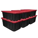 27 Gallon Large Storage Bin with Snap Lid, Black and Red, Heavy Duty Plastic, Stackable, 30.6x20.6x14.3 Inches, Set of 4 (27 Gallon, 6)