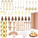 270 Pcs Charcuterie Board Accessories Cheese Butter Spreader Knife Set Butcher Paper Roll Serving Tong Fork Spoon Dipping Bowl Dipper Cocktail Pick for Party Xmas (Gold - Dark Wood Handle)
