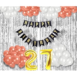 27th birthday decoration items for girls with rose gold and white balloons black happy birthday banner silver foil curtain foil balloon number 27