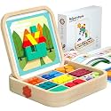 288 PCS Wooden Magnetic Pattern Blocks Set – Montessori Tangram Puzzle with Pattern Cards & Storage Bag | Preschool Montessori Brain Teaser, STEM Gift for 4-8 Years Old