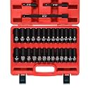 29 Pieces 1/2" Socket Set, Drive Deep Impact Socket Set with 3", 5", 10" Extension Bars, 6 Point SAE and Metric (3/8"-1", 10mm-24mm), Cr-V Steel