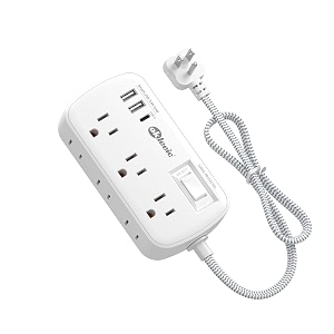 2ft short extension cord - flat plug small surge protector with 6 outlets 3 usb charging ports 5v34a 17w - multi plug wall outlet splitter for