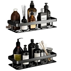 remich 1pack adhesive shower caddy  multifunctional large capacity bathroom rack  space saving bathroom organizer shelf  rustproof waterproof and easy mount  bathroom accessories holder_black