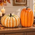 2Pack Large Fake Orange‑White‑Green&Orange Faux Pumpkins, Realistic Lifelike Harvest Fall Decoration, Hard Foam Vegetable Ornament for Halloween Autumn Festival Home Table Porch Outdoor Decor