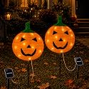 2Pack Solar Halloween Pumpkin Stake Light with 8 Lighting Modes, Fabric Lantern Yard Decor with Metal Stand, Foldable Pumpkin Garden Lights for Lawn, Patio, Pathway, and Halloween Party Decorations