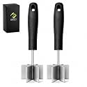 2pc Large Stainless Steel Meat Chopper, Masher & Cocktail Muddler | Dishwasher Safe | 6-Blade Chopper Tool | Oversized Ergonomic Handle | Heat Resistant Grip | 2 x 10" black