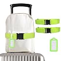 2pcs Adjustable Luggage Straps and 2pcs Travel Suitcase Tags Identifiers, Reusable Over Handle Luggage Strap Set Travel Belt for Airport Traveling Business Trip (Green)