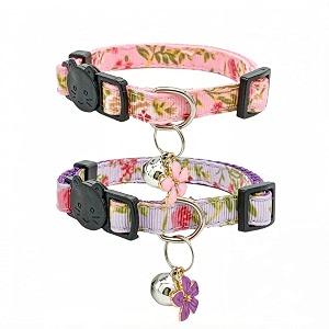 2pcs floral cat collar with bell adjustable breakaway safety cat belt with bell spring pattern cult cats neck belt purple amp pink