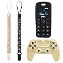 2PCS Silicone Baby Teething Toys, Game Controller Teething Toys and Phone Teething Toys with 2PCS Pacifier Clip,BPA Free Silicone Baby Controller Teething for 3+ Months,Frozen Chew Toy(Black&amp;Beige)