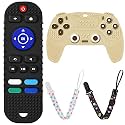 2PCS Silicone Baby Teething Toys, Remote Control Shape Teething Toys and Game Controller Teether Toy with 2PCS Pacifier Clip, BPA Free Silicone Remote Teether for Baby 3+ Months,Frozen(Black&Beige)