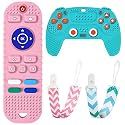 2PCS Silicone Baby Teething Toys, Remote Control Shape Teething Toys and Game Controller Teether Toy with 2PCS Pacifier Clip, BPA Free Silicone Remote Teether for Baby 3+ Months,Frozen(Bule&amp;Pink)