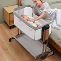 Soobaby 3 in 1 Baby Bassinet, Rocking Bassinets with Comfy Mattress and Wheels, Adjustable Height Bassinet Bedside Sleeper, Easy Folding Portable Crib for Newborn (Grey)