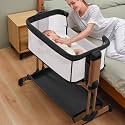 Soobaby 3 in 1 Baby Bassinet, Rocking Bassinets with Comfy Mattress and Wheels, Adjustable Height Bassinet Bedside Sleeper, Easy Folding Portable Crib for Newborn (Black)