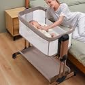 Soobaby 3 in 1 Baby Bassinet, Rocking Bassinets with Comfy Mattress and Wheels, Adjustable Height Bassinet Bedside Sleeper, Easy Folding Portable Crib for Newborn (Khaki)