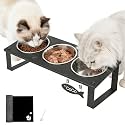 3 in 1 Elevated Cat Bowls with Splash proof Mat for Kittens, Puppies, Multi-pet Households, 10° Tilted Raised Cat Bowls Anti-Vomiting, 3 Wide Shallow Stainless Steel Bowls, Whisker Friendly, 3.5" Tall
