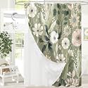 3 in 1 Green Floral Shower Curtain Set with PEVA Liner &amp; 12 Hooks, 72 x 84