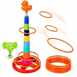 3-in-1 ring toss game for kids with interchangeable topper stacking tower flying disc amp rings  8 stacking cups 8 toss rings  indoor outdoor skill development toy for boys amp girls 3