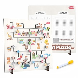 chanak 3-in-1 wooden alphabet learning board for kids includes marker dot-to-dot tracing amp maze puzzle educational toy for early literacy development in preschoolers 3 years