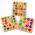 3-in-1 Wooden Learning Puzzle Boards for Kids Ages 2–5 | Capital &amp; Small ABC &amp; a-z Alphabet Letters with Shape Matching Blocks | Toddlers Early Educational Activity Toy | Ideal Gift for Children’s Day