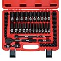 3/8" Drive Impact Socket Set, 50 Piece Standard SAE (5/16 to 3/4 inch) and Metric (8-22mm) 6 Point, with Adjustable Ratchet Handle, Extension Bars, Impact Universal Joint, Adapter, Cr-V Steel