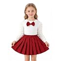 3-8Y Toddler Girl Skirt Set Kid 2Pcs Outfits Puff Long Sleeve Top Pleated Skirt with Bowknot Fall Winter Clothes