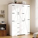 3 Door Armoire Wardrobe Closet Cabinet with 3 Drawers and Drawers, Farmhouse Bedroom Armoire with Hanging Rod and Adjustable Shelves, Large Capacity Storage Wardrobe Armoire for Bedroom, White