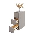 3-Layers Narrow, Solid Wood Bedside Table with Drawers, Modern Night Stand Top Storage Platform, PU Wrapping Side End for Bedroom Living Room Office (Dark Grey)