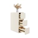 3-Layers Narrow, Solid Wood Bedside Table with Drawers, Modern Night Stand Top Storage Platform, PU Wrapping Side End for Bedroom Living Room Office (Cream Color)