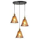 3-Light Hanging Light Vintage Amber Glass Pendant Light Fixtures Black Mid Century Style Farmhouse Chandelier for Over Table Kitchen Island, Nordic Suspended Lighting