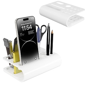 3 lines acrylic tiny twist pen and pencil stationary storage  phone stand  mini desk organizer  individual compartment for all the stationary  home and office accessories  pure white