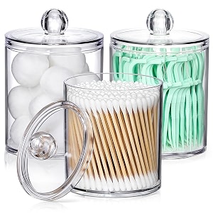 3 pack acrylic qtip holder dispenser for cotton ball cotton swab cotton round pads floss - 10 oz clear plastic apothecary jar set for bathroom canister storage organization vanity makeup organizer