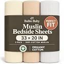 Muslin Bedside Sleeper Bassinet Sheets 3 Pack, 33x20 Fitted Sheet for Boys &amp; Girls, Soft Breathable 100% Cotton, Compatible with Baby Delight Beside Me Dreamer, Maxi-Cosi, Chicco