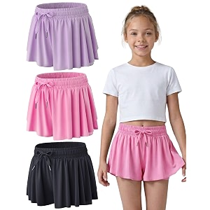 3 pack girls flowy shorts with spandex liner 2-in-1 youth butterfly skirts for fitness running sports