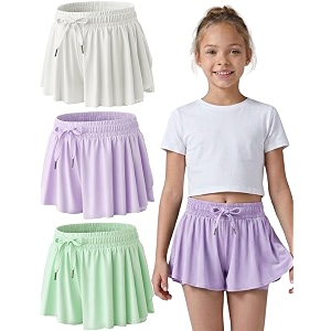 3 pack girls flowy shorts with spandex liner 2-in-1 youth butterfly skirts for fitness running sports