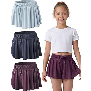 3 pack girls flowy shorts with spandex liner 2-in-1 youth butterfly skirts for fitness running sports