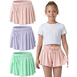 3 pack girls flowy shorts with spandex liner 2-in-1 youth butterfly skirts for fitness running sports
