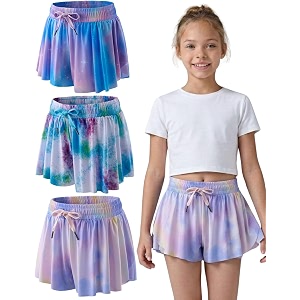 3 pack girls flowy shorts with spandex liner 2-in-1 youth butterfly skirts for fitness running sports