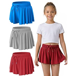 3 pack girls flowy shorts with spandex liner 2-in-1 youth butterfly skirts for fitness running sports