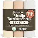 Organic Muslin Bassinet Sheets 3 Pack, 33x17x4 Fitted Sheet for Newborn Boys &amp; Girls, Soft Breathable 100% Cotton, Fits Halo BassiNest, Baby Delight, Graco, Oval &amp; Rectangle Mattress