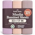 Organic Muslin Bassinet Sheets 3 Pack, 33x17x4 Fitted Sheet for Newborn Boys &amp; Girls, Soft Breathable 100% Cotton, Fits Halo BassiNest, Baby Delight, Graco, Oval &amp; Rectangle Mattress