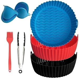 3-pack silicone air fryer liners amp 3 accessories - 75 inch reusable food-grade silicone baskets with oven mitts basting brush amp tongspack of 6