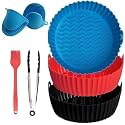 3-Pack Silicone Air Fryer Liners & 3 Accessories - 7.5 Inch Reusable Food-Grade Silicone Baskets with Oven Mitts, Basting Brush & Tongs(Pack of 6)
