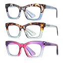 3 pack style Spring hinge Readers Blue Light Blocking Computer Square Reading Glasses for Women Men